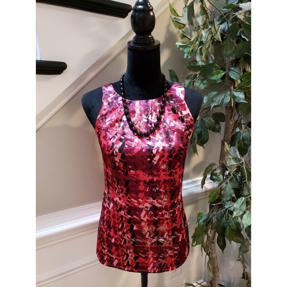 The Limited Abstract Print Sleeveless Women Top XS Red/Pink Pleated Detail
